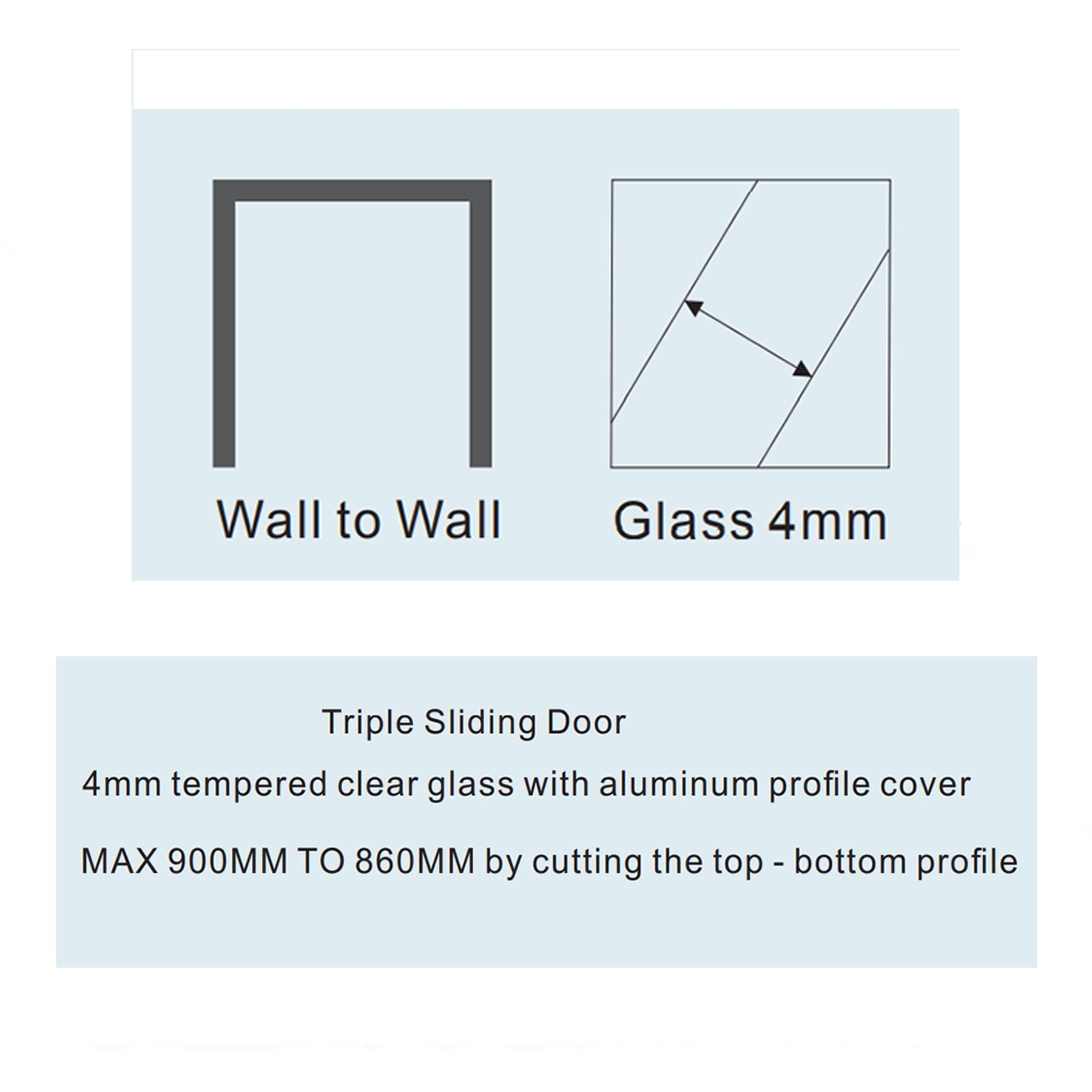 Triple Sliding Shower Door 900mm Wide - 4mm Glass Aluminium Profile Cover