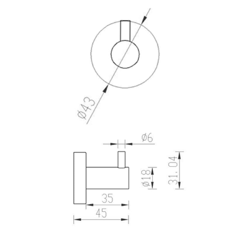 stainless steel single robe hook technical drawing