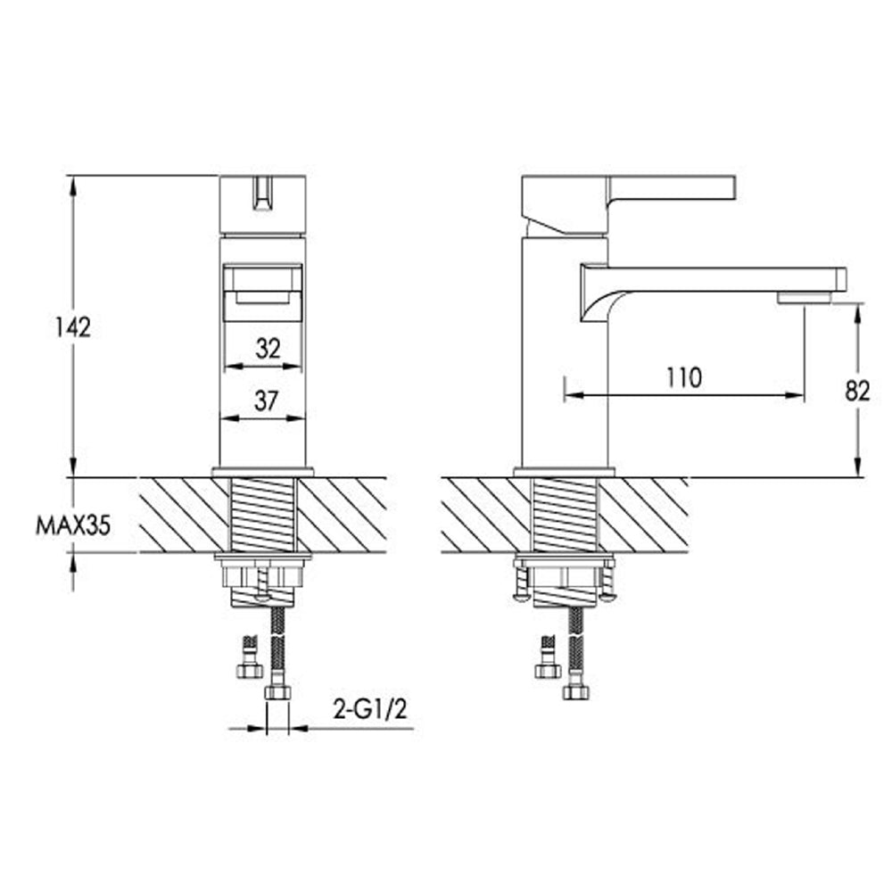 cloakroom basin tap technical drawing