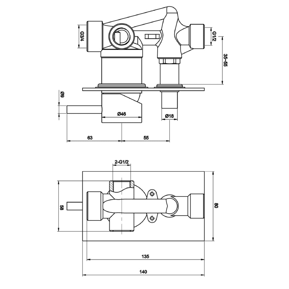 Gold Single Lever Manual Diverter Valve Technical Drawing