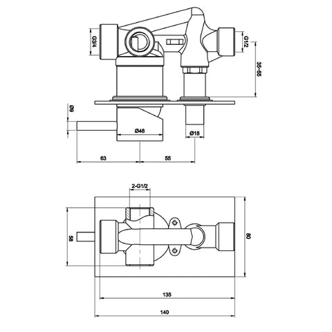 Gold Single Lever Manual Diverter Valve Technical Drawing