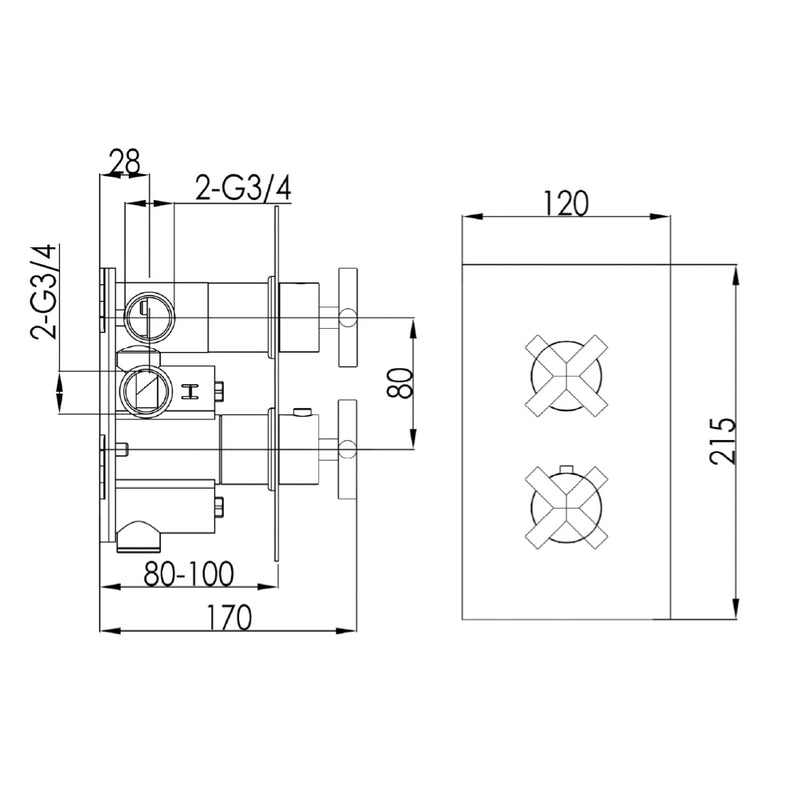 two outlet shower valve Technical Drawing