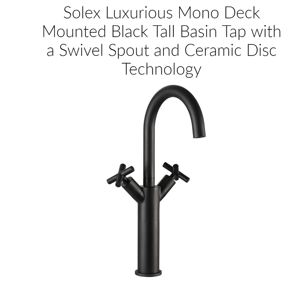 Solex Luxurious Mono Deck Mounted Black Tall Basin Tap with a Swivel Spout and Ceramic Disc Technology