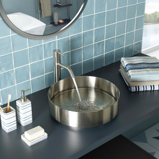 Round countertop basin made of 316 stainless steel,120mm height and 406mm width, with matching single lever tall basin mixer sold separately code IX009 1800