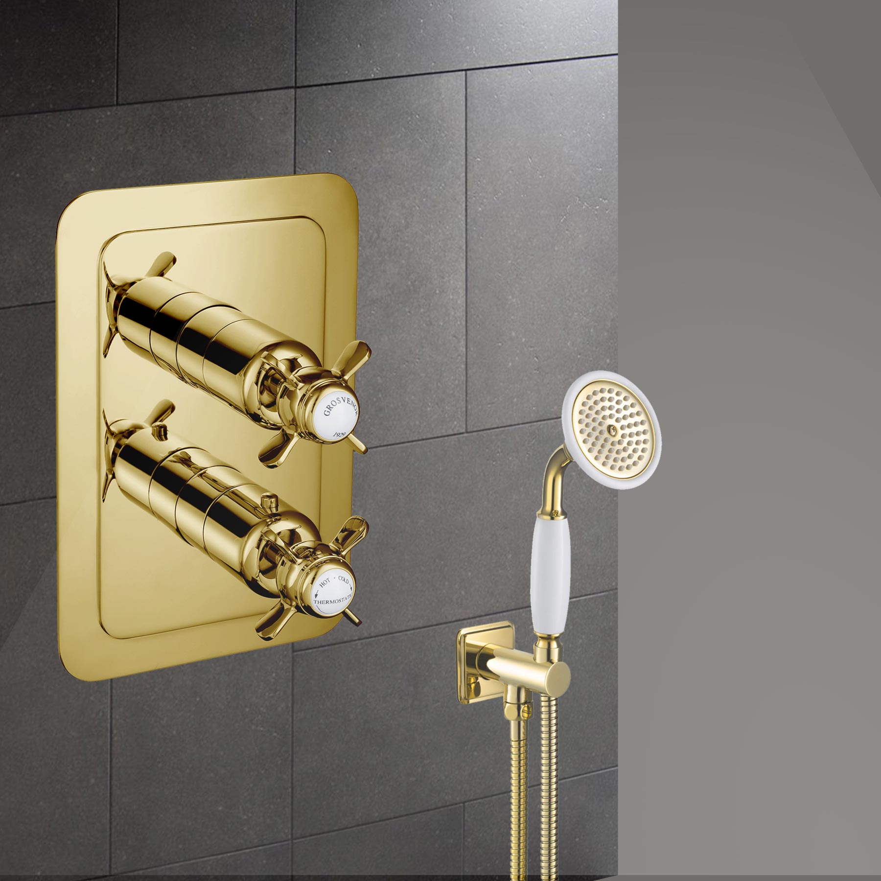 Gold Thermostatic Concealed 2 Outlet Shower Valve, Vertical MP 0.5