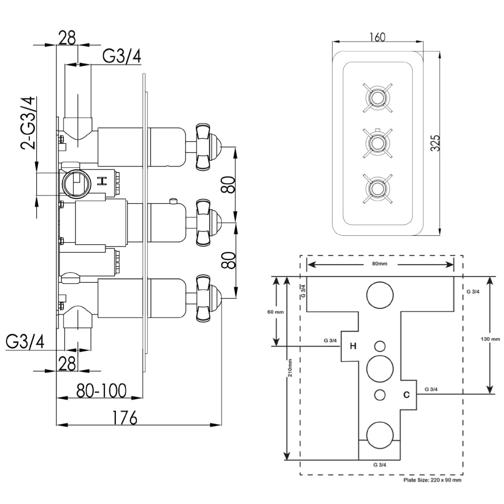 3 Outlet Thermostatic Concealed Shower Valve - Chrome Finish technical drawing Tapron