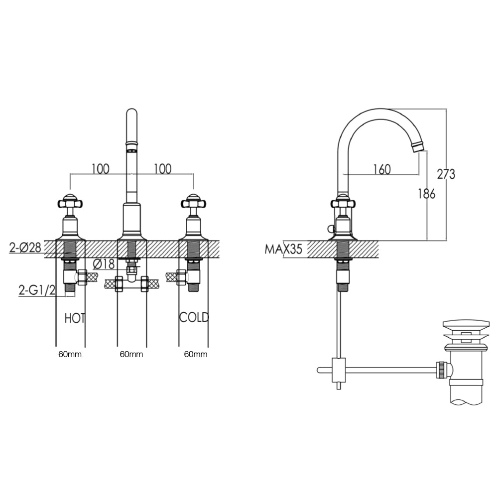 Pinch 3 Hole Gold Basin Mixer Taps - Tapron