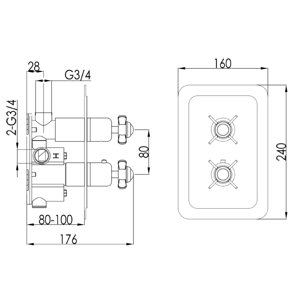 Thermostatic Conceal Shower Valve Technical Drawing-Tapron