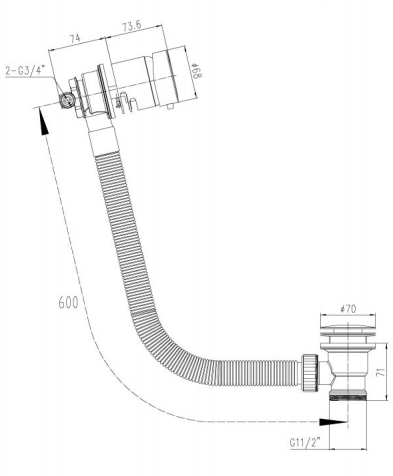Exofil marche/arrêt et contrôle de température, avec trop-plein, clic-clac, 60 cm