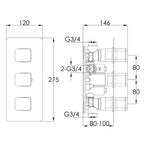 HIX Thermostatic Concealed 2 Outlet Shower Valve - Horizontal Technical Drawing