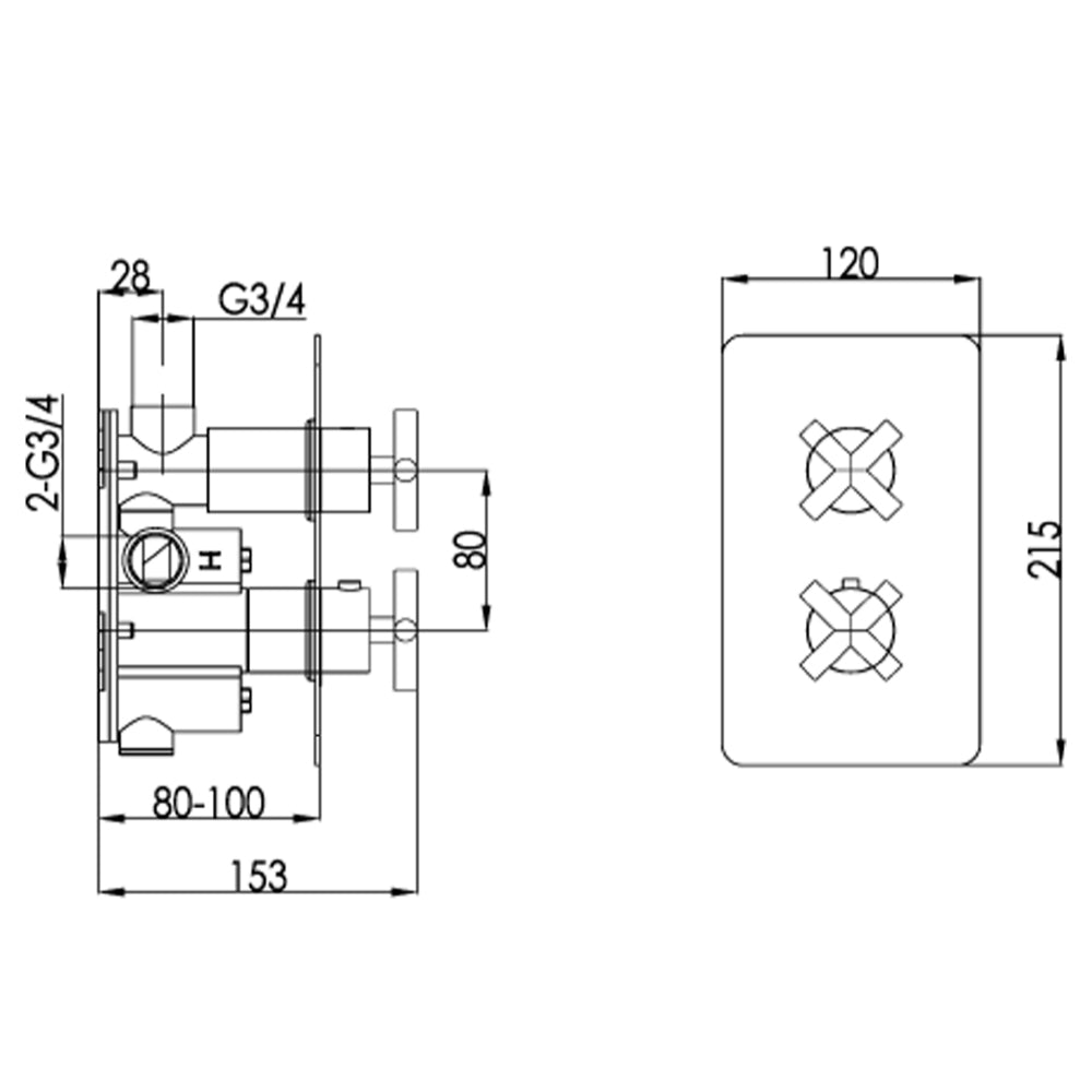 Thermostatic Concealed 1 Outlet Shower Valve technical drawing - Tapron