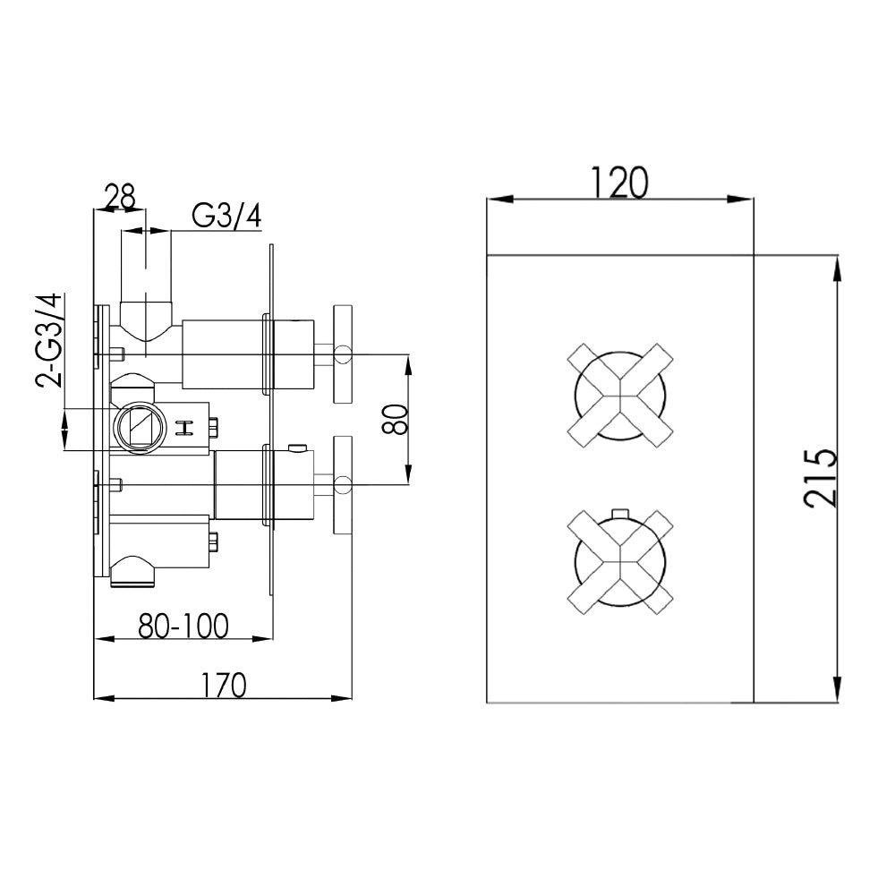 single outlet thermostatic shower valve Technical Drawing