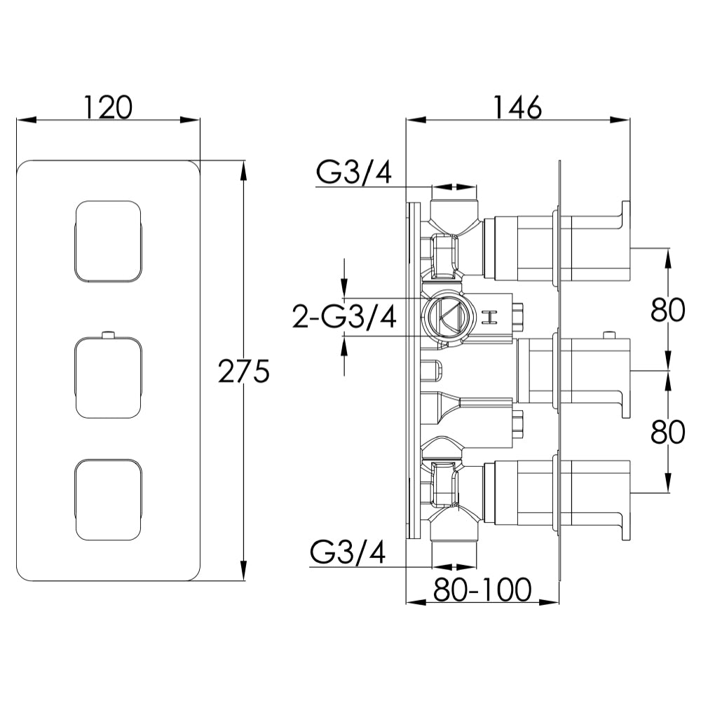thermostatic shower mixer valve Technical Drawing