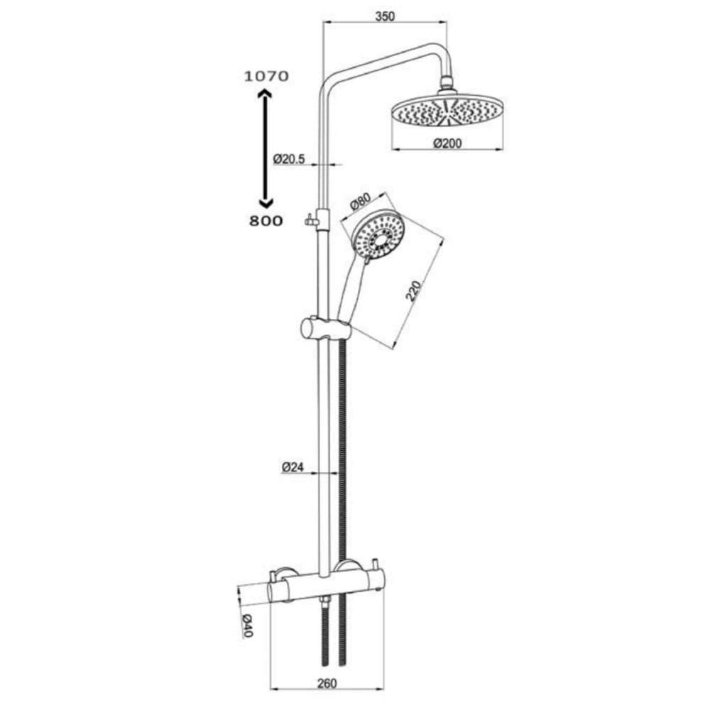 Thermostatic Shower Set with 2 Outlets - Technical drawing