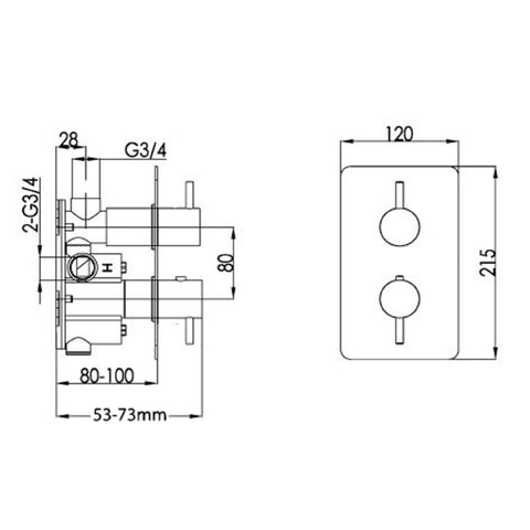 Thermostatic Concealed Shower Valve technical drawing -Tapron