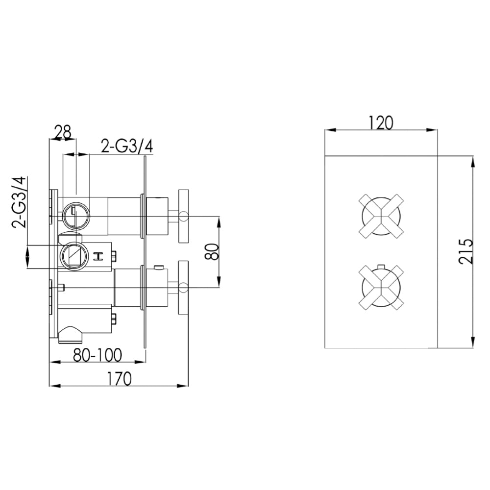 Thermostatic Concealed 2 Outlet Shower Valve technical drawing Tapron