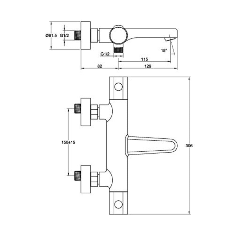 thermostatic bath and shower mixer technical drawing