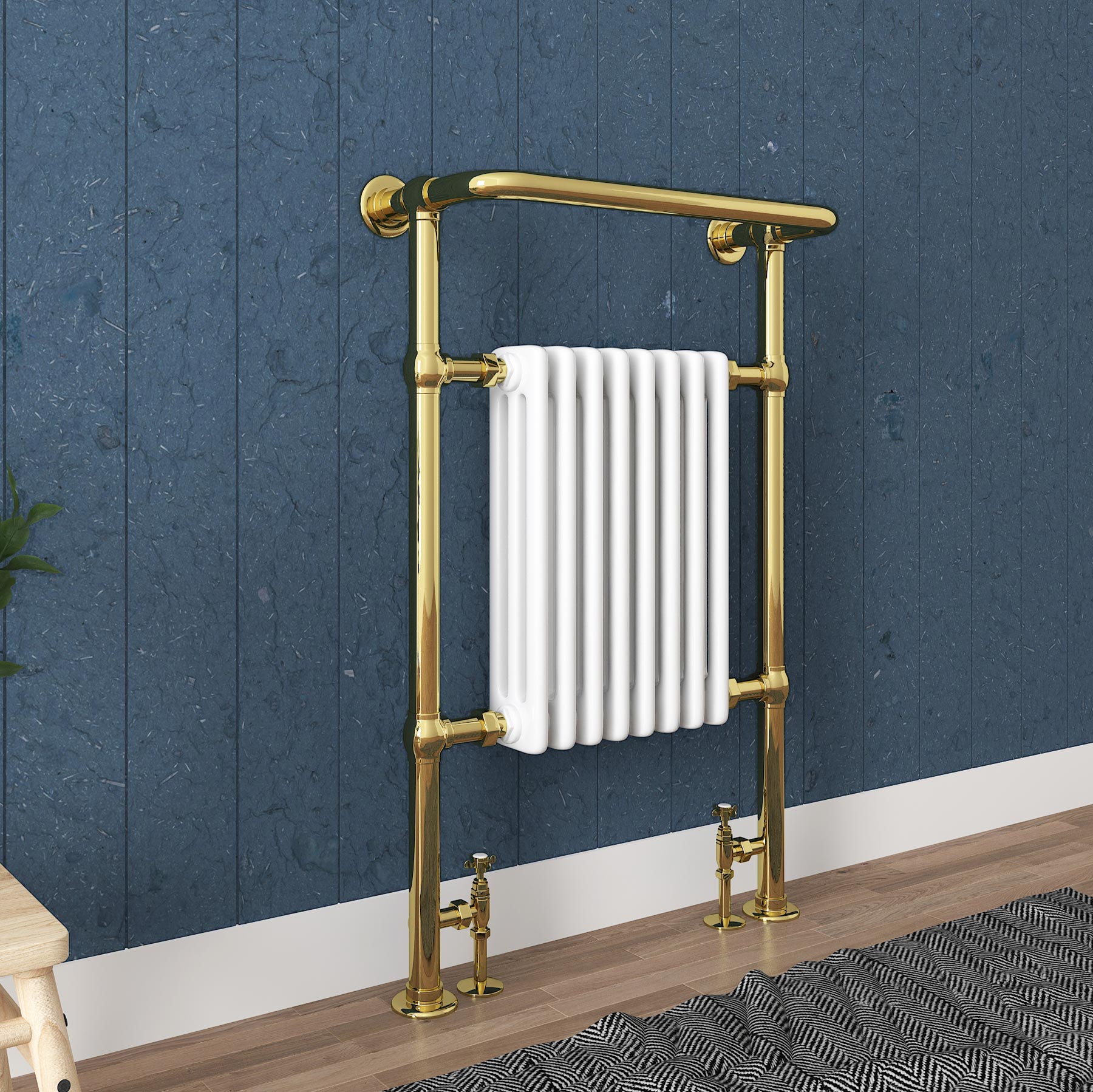 Dual Fuel Gold Traditional Towel Radiator with Overhanging Rail