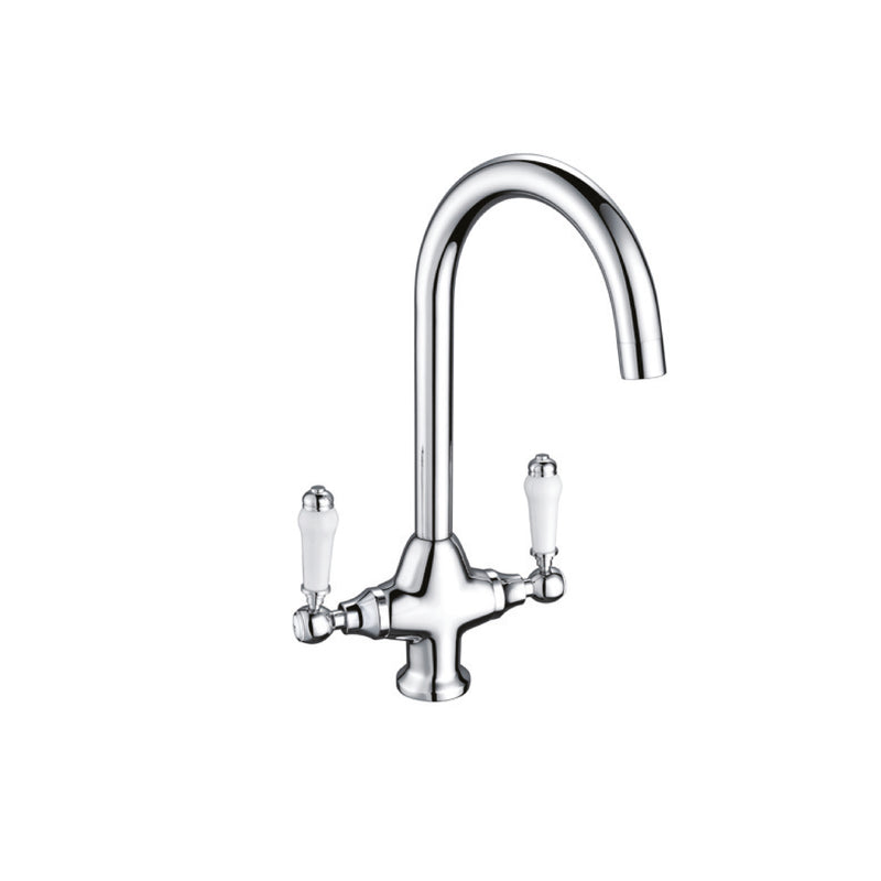Traditional Kitchen Taps with Swivel Spout and White Handles - Chrome Finish