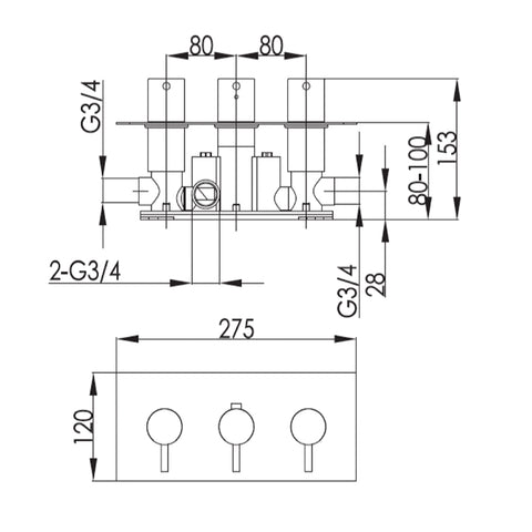 concealed shower valve 2 outlet technical drawing-tapron