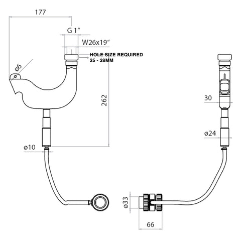 VOS Deck Mounted Shower Handset Technical Drawing