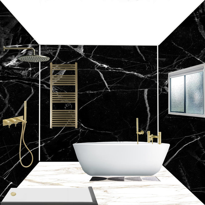 VOS-Gold-Radiator-with-VOS-Gold-Bridge-Deck-Mounted-Bath-shower-mixer-and-VOS-Shower-arm-and-VOS-shower-head-and-VOS-two-outlets-and-shower-handle-and-hose-Installed-in-a-Bathroom