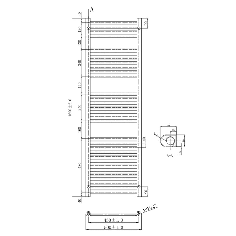 Technical Drawing Gold Heated Towel Rail