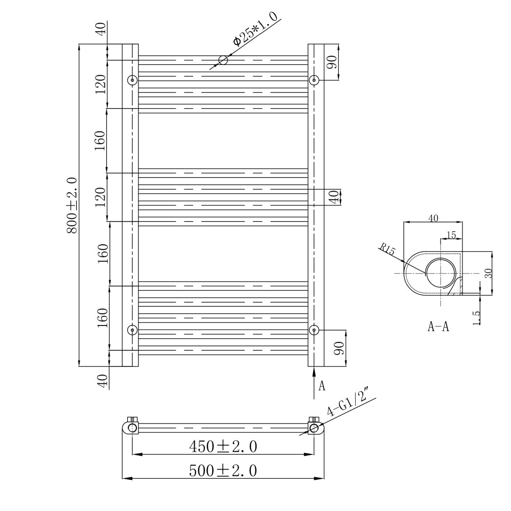 Technical Drawing  brushed brass towel rail radiator