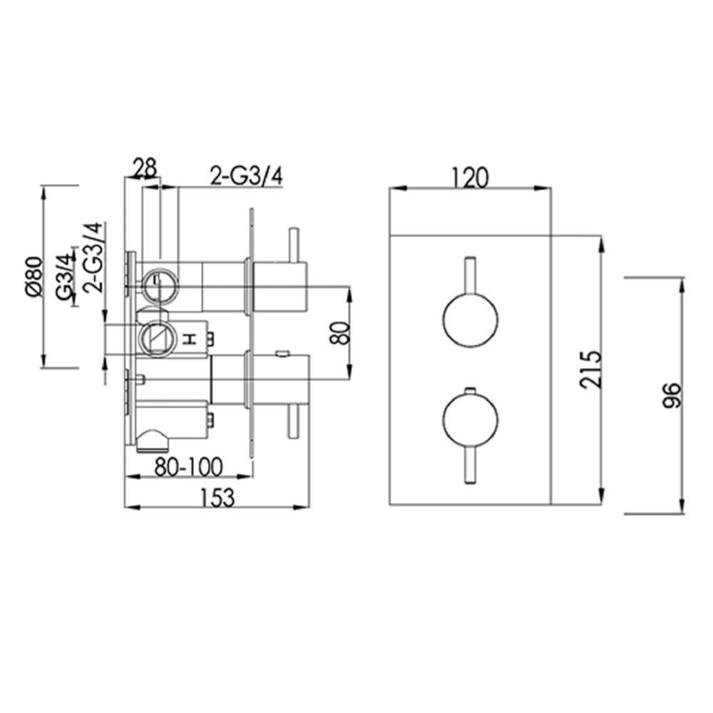 thermostatic shower valve Technical Drawing