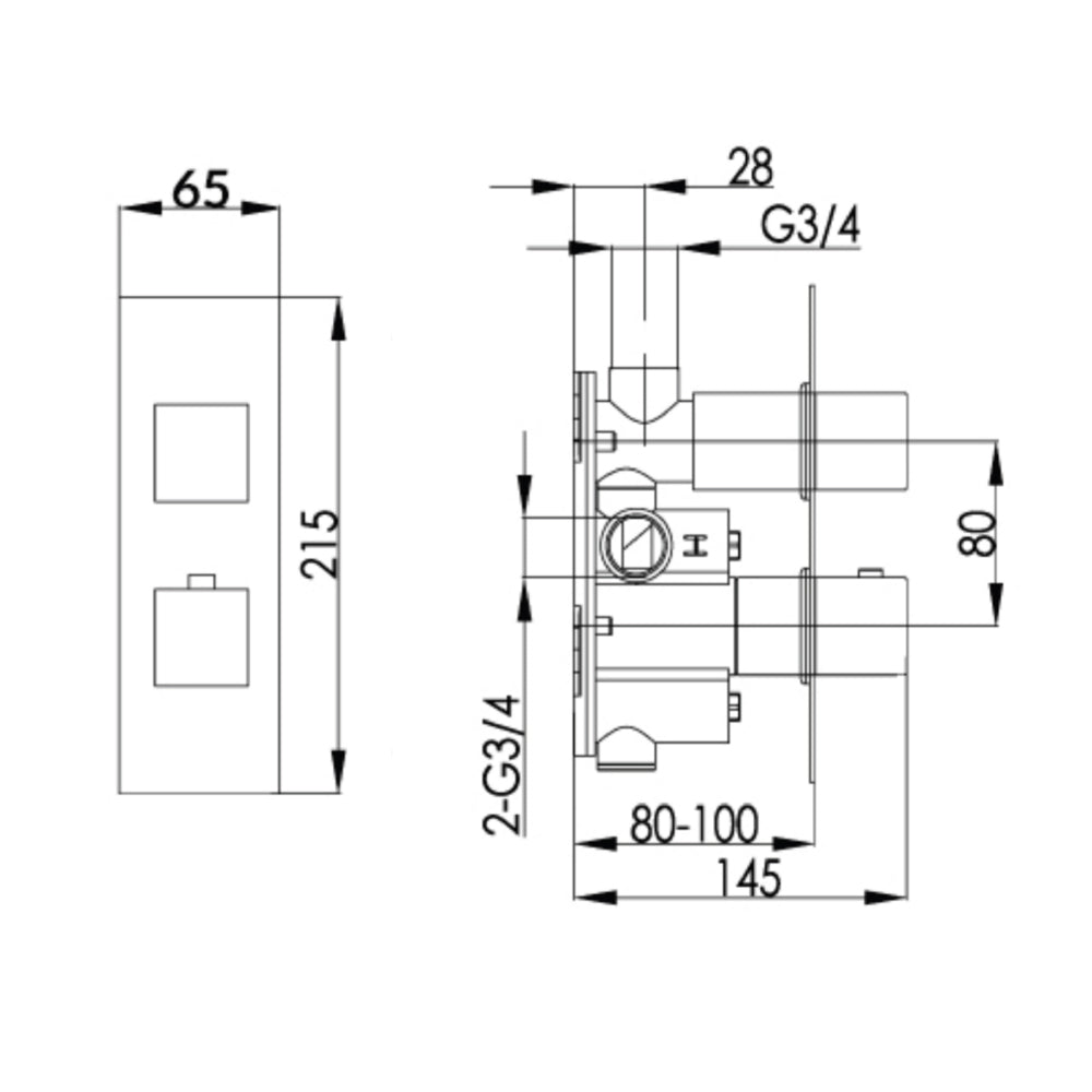 Vertical single outlet concealed shower valve tapron technical drawing