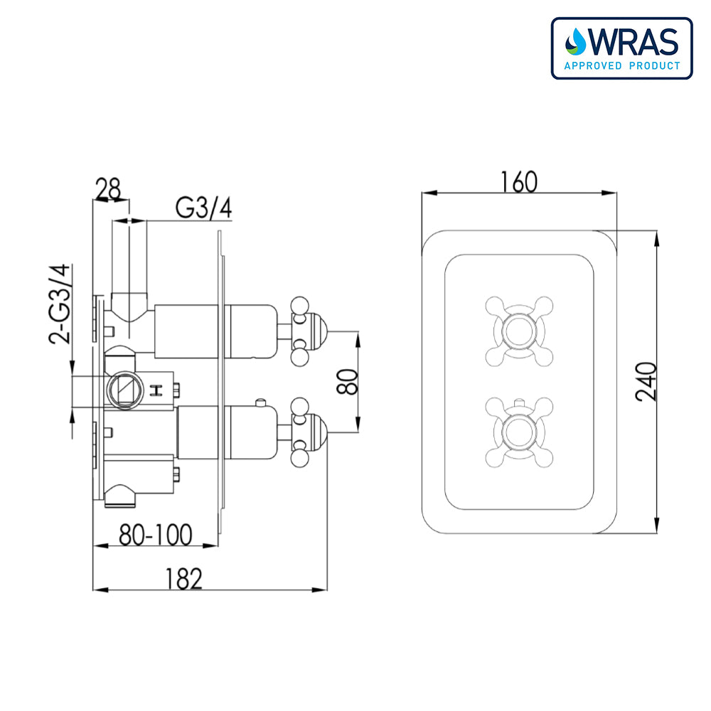 Thermostatic Concealed 2 Outlet Shower Valve technical drawings