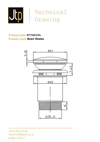 White Click Clack Basin Waste Technical Drawing