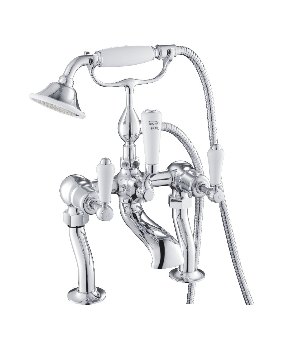 Victorian Deck-Mounted Bath Tap and Handheld Shower Set- Chrome Secondary image