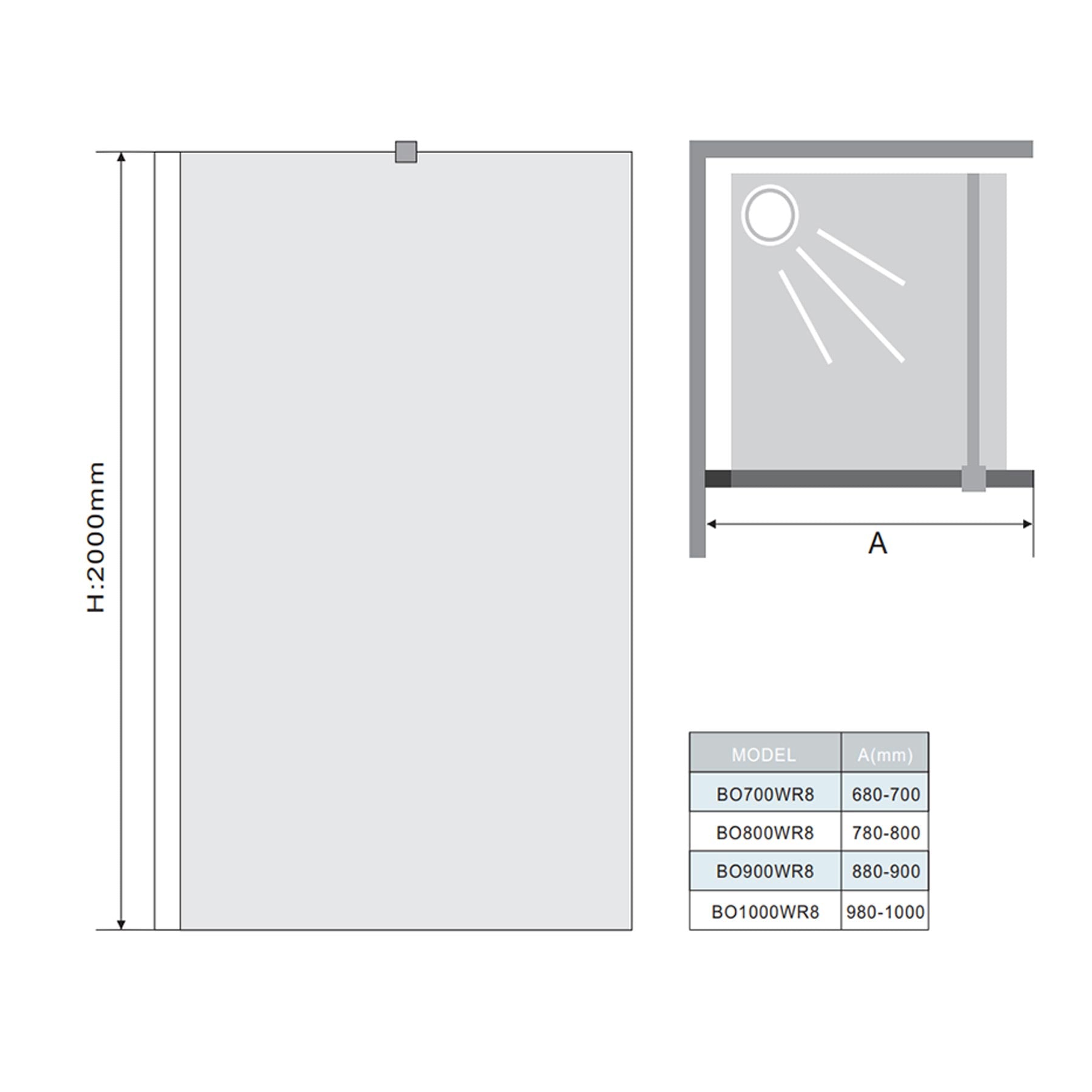 Wet Room Screen Panel with Arm - 8mm Glass – Multiple Sizes