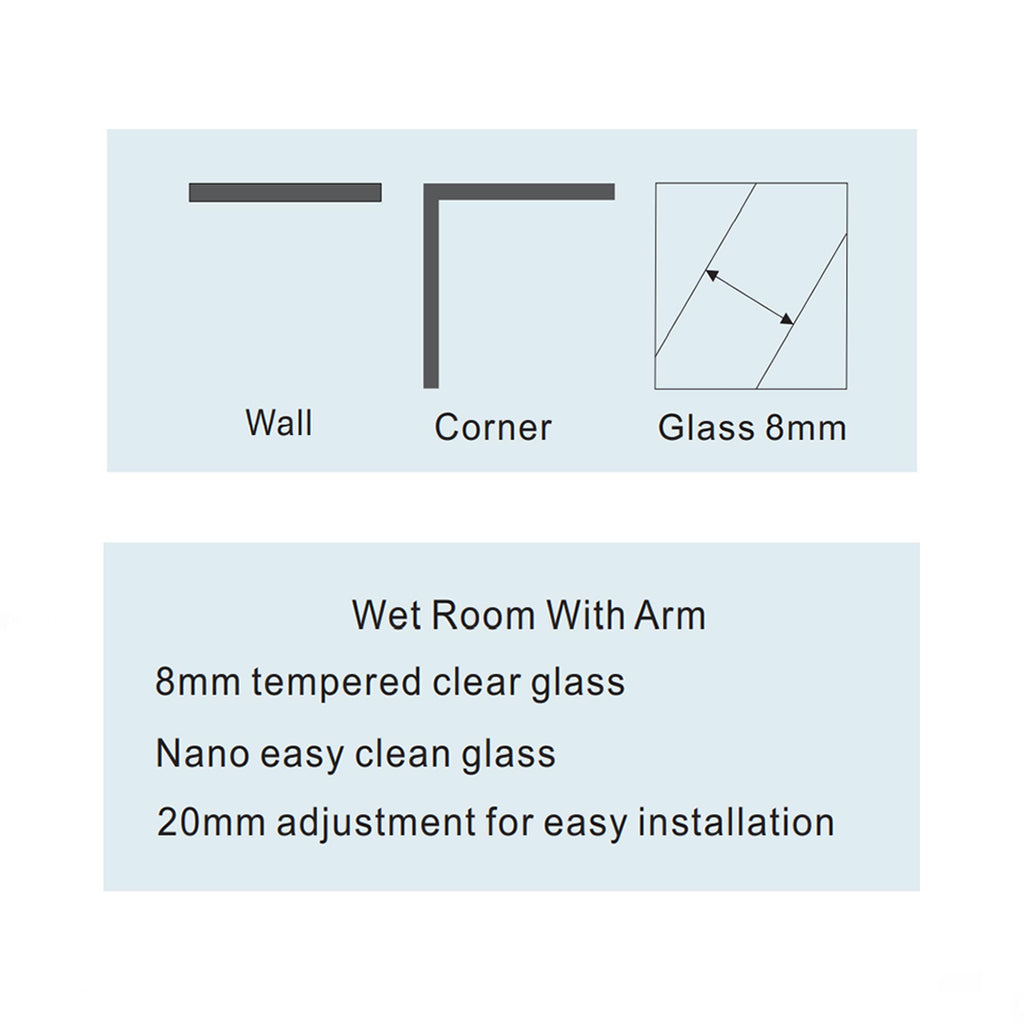 Wet Room Screen Panel with Arm - 8mm Glass – Multiple Sizes