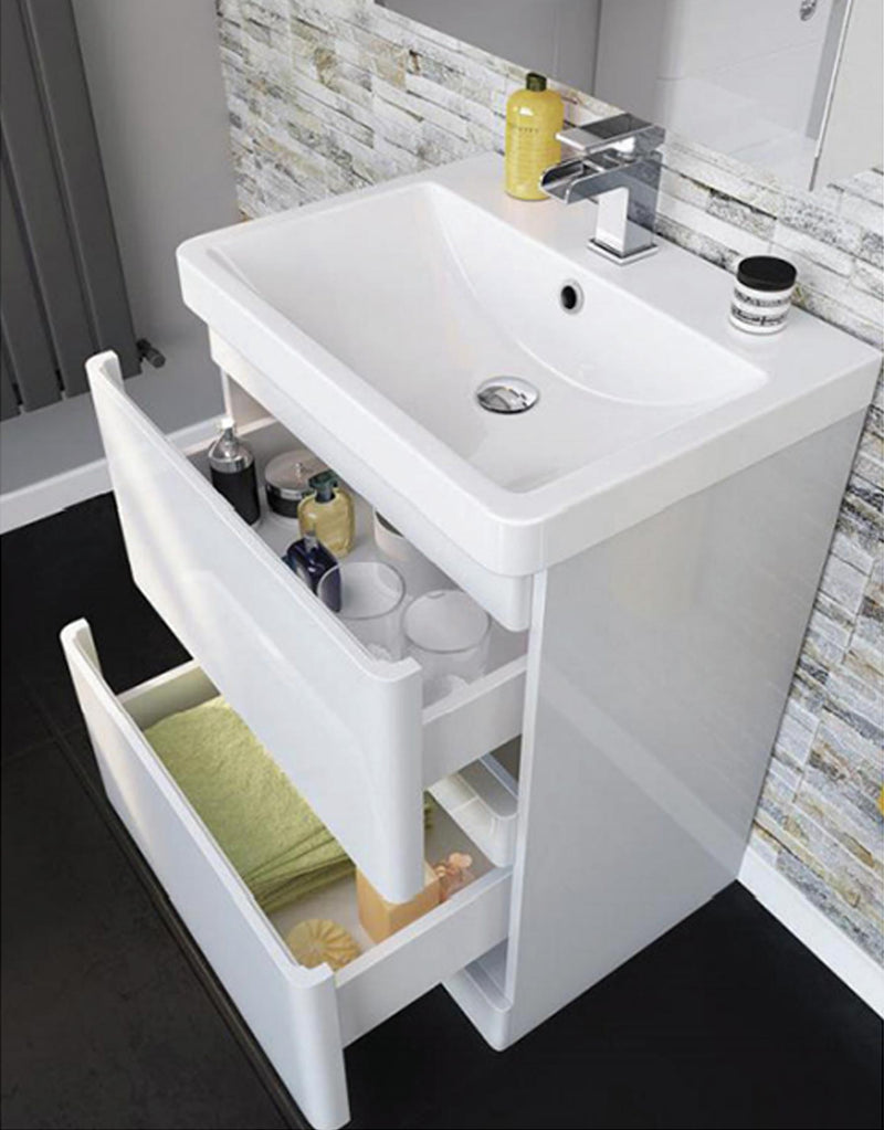 Luxurious White Nova Floor Standing 2 Bathroom Drawer Unit with Sturdy Ceramic Basin