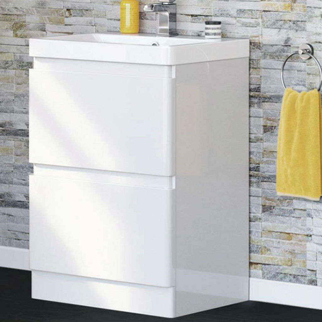 Luxurious White Nova Floor Standing 2 Bathroom Drawer Unit with Sturdy Ceramic Basin