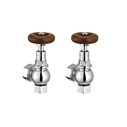 Angled Radiator Valves with Wooden Handles - Chrome Finish