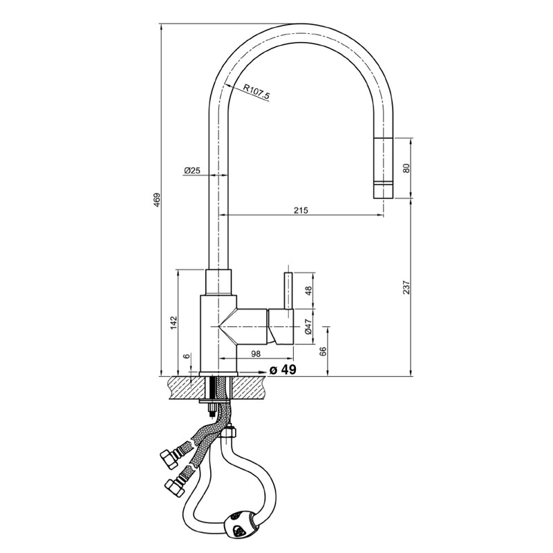 Zecca Single Lever Kitchen Mixer Tap Technical Drawing