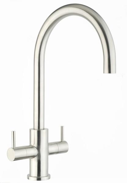 Brushed Steel Kitchen Mixer Tap with Swivel Spout - Twin Lever