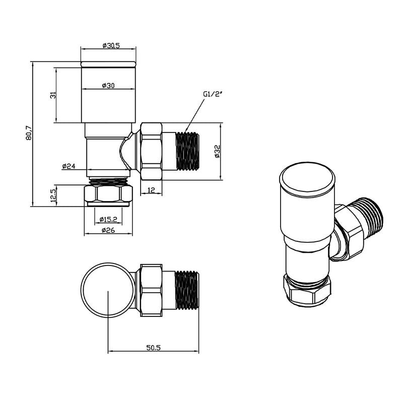 Bathroom Radiator Valves Technical Drawing-Tapron