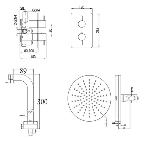 Thermostatic Concealed Shower Valve Technical Drawing