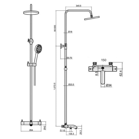 Thermostatic Shower 3 Outlet Adjustable Riser with Hand Shower Technical Drowing
