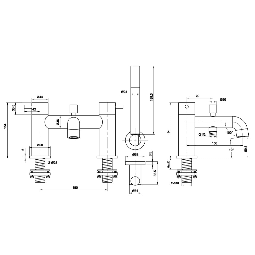 Deck Mounted Bath and Shower Mixer with Kit technicall drawing tapron