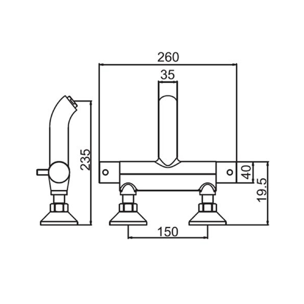 Thermostatic Bath and Shower Mixer, Wall Mounted dimensiions