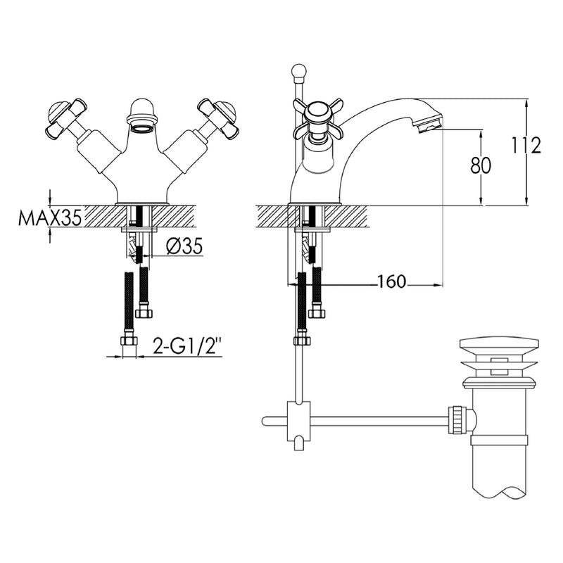 Basin Mixer Tap with Pop-up Waste Technical Drawing Tapron