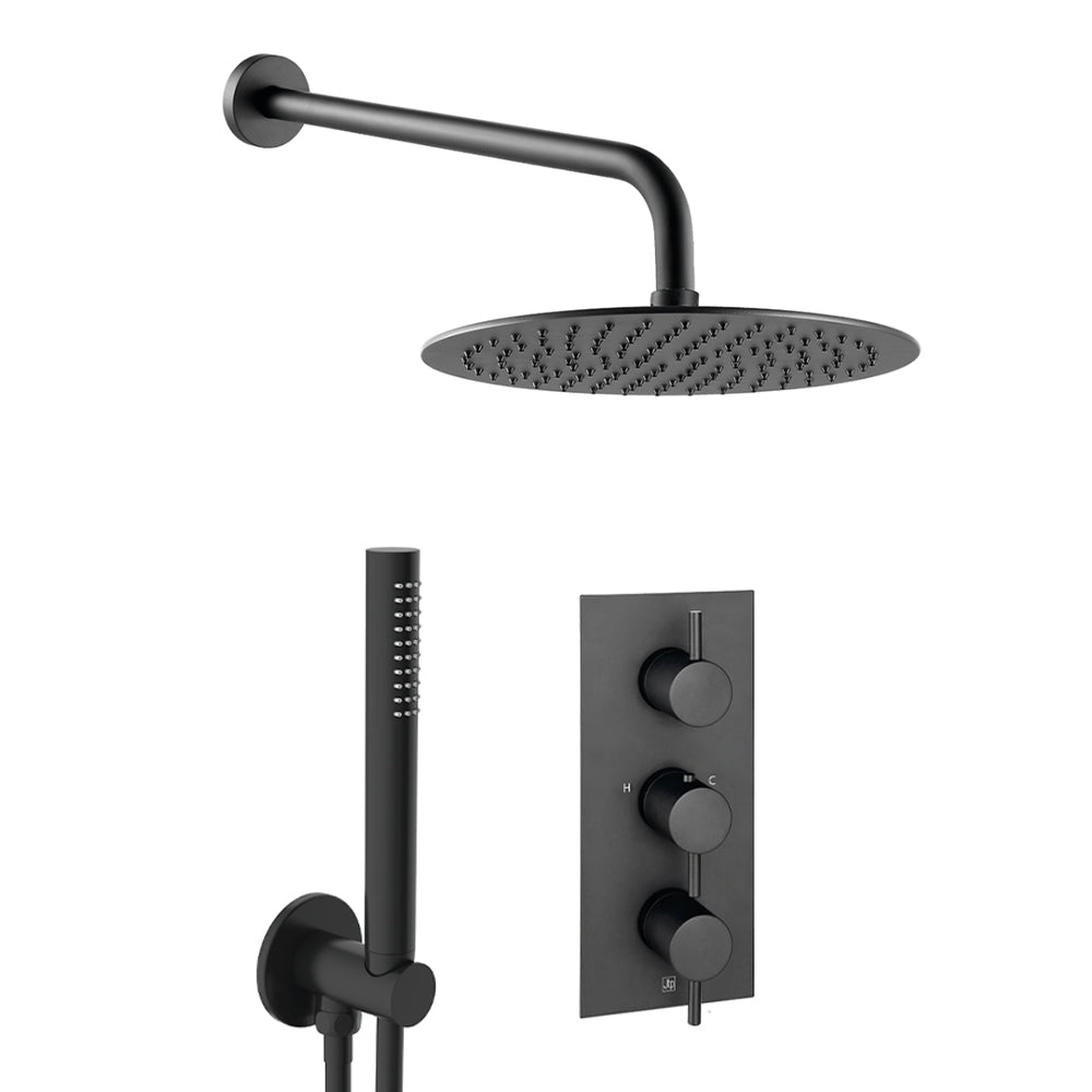 Matt Black Concealed Shower Set with Fixed Shower Head Arm, Wall Shower Kit and 2 Outlet Valve Secondary image