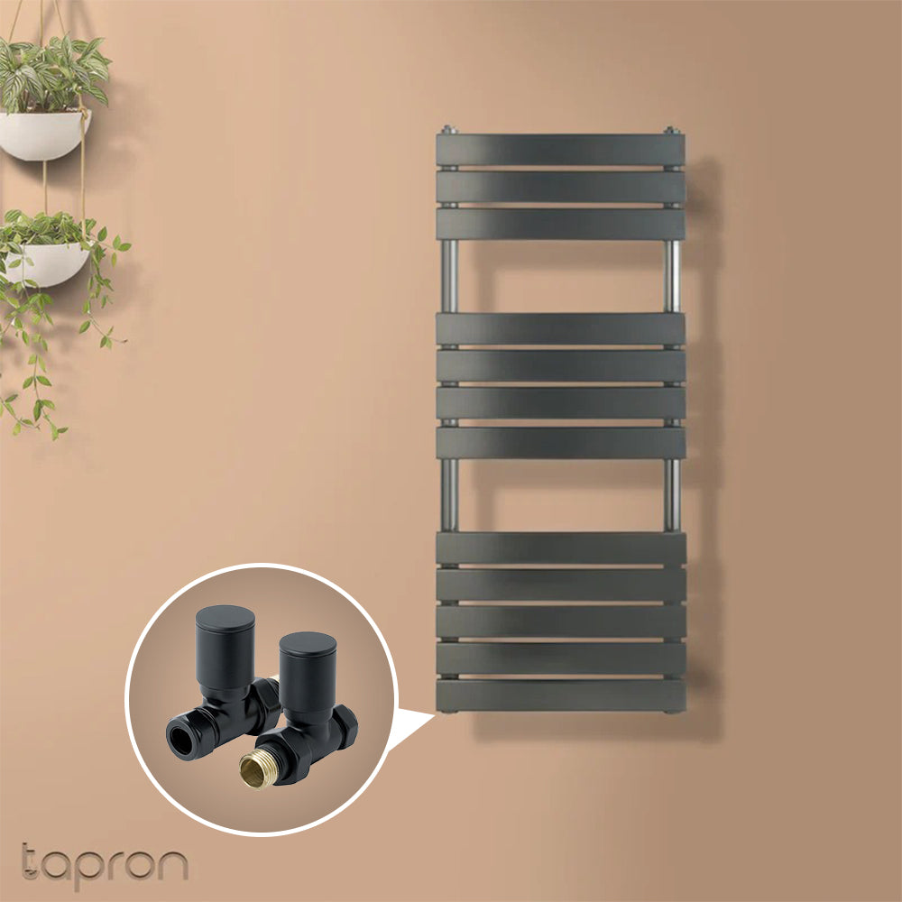 black straight towel rail valves