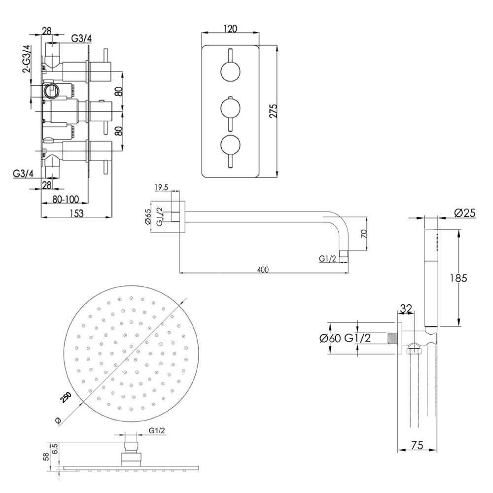 black shower riser rail Technical Drawing