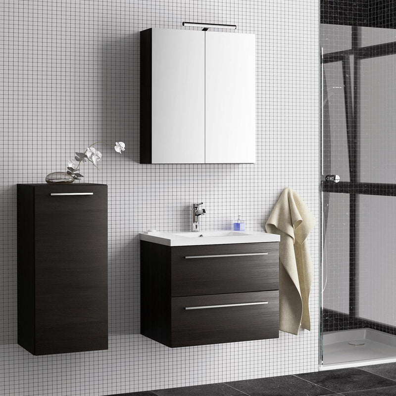 Black single door bathroom side cabinet in a bathroom with mirror  and matching vanity unit 